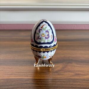 Porcelain Egg Trinket Box Floral Gold Footed Color Hinged Oval Flowers White
